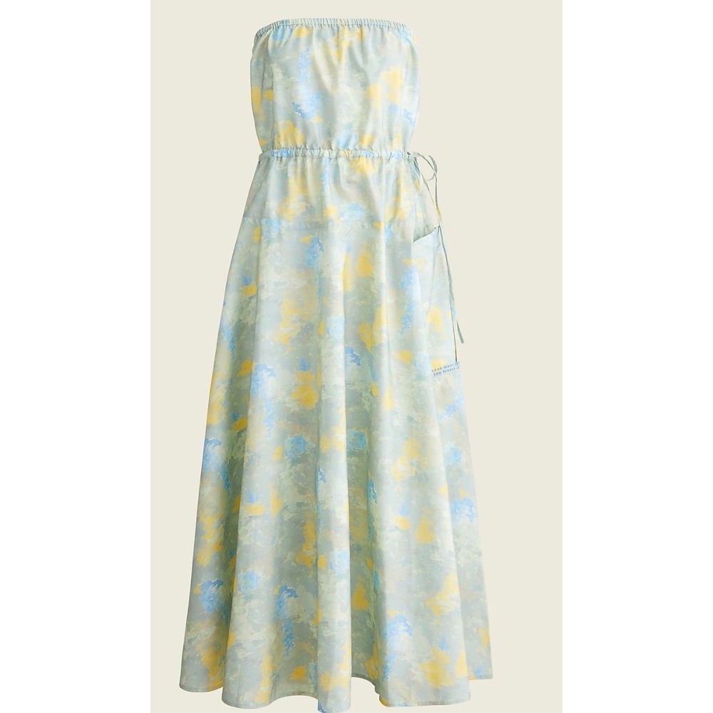 J.Crew Namoda Strapless Impressionist Print Cotton Midi Dress XS Blue Yellow NWT